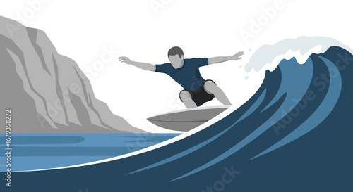 Surfing Enthusiast Enjoying Waves With Board Near Mountain Landscape In Summer Time