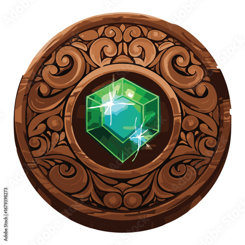 Ornate wooden emblem with a brilliant green gemstone and intricate carvings, a luxurious and detailed decorative piece for a fantasy theme