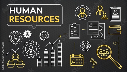 Modern human resources concept with recruiting, team, growth chart on black for business success and growth
