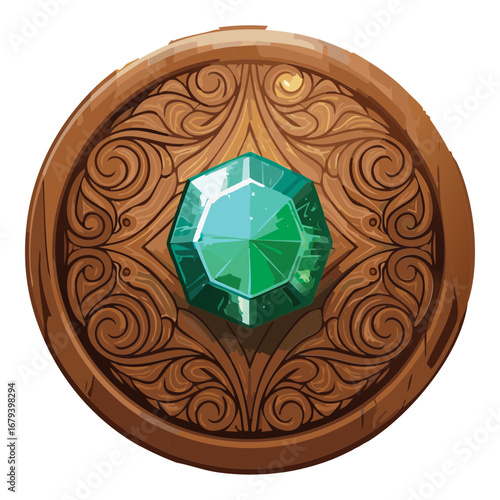 Ornate wooden and golden ornamental piece with a large green gemstone at its center, surrounded by intricate wood carvings and spirals