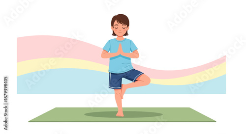 Smiling Young Person Performing Yoga Tree Pose on Green Mat With Colorful Background