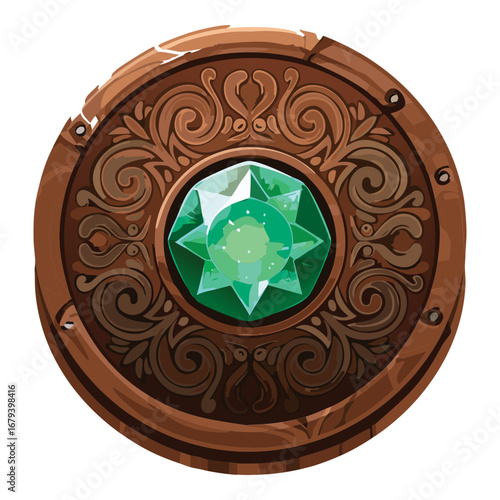 Elegant circular wooden emblem with a brilliant green gemstone at its center, surrounded by detailed filigree, a rich and classic design