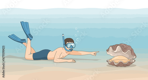 Snorkeler discovering a giant clam underwater with a pearl and pointing at it
