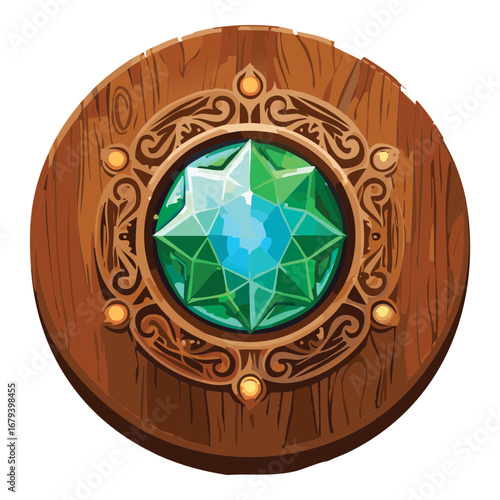 Intricately carved wooden clasp with a striking green gemstone and elegant golden filigree, a beautiful and detailed ornamental design