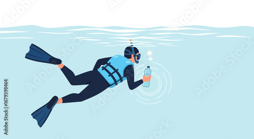 Snorkeler Discovering Environmental Issues Underwater, Holding Plastic Bottle, Vector Illustration