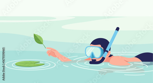 Snorkeler Discovering Aquatic Foliage In Serene Waters With Elegant Leaf Gesture