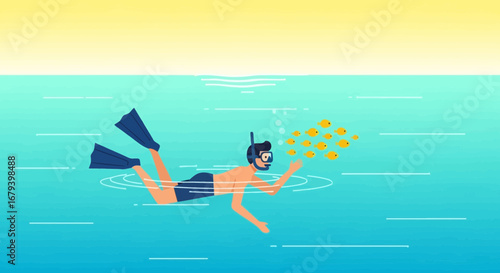 Snorkeler encountering a school of fish underwater on a bright sunny day for vacation