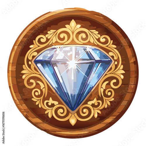 Majestic circular emblem with a prominent diamond and a filigree-carved border, a powerful and luxurious design on a wooden disc