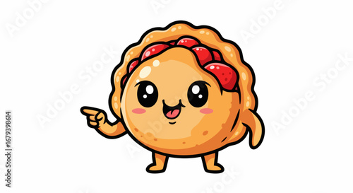 Cheerful cartoon pie character pointing with a happy expression.