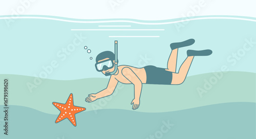 Snorkeler interacting with starfish underwater in an cartoon illustration of the ocean