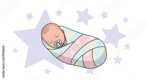 Sweet Baby Wrapped in Blanket with Pacifier and Surrounded by Stars on White Background