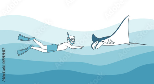 Snorkeler interacts with manta ray in the ocean, underwater illustration and design