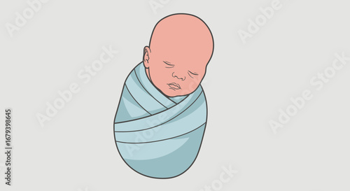 Sweet Baby Sleeping Swaddled in Blue Blanket Vector Illustration Concept Newborn, Infant