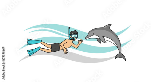 Snorkeler Interacts With Playful Dolphin In An Oceanic Environment Illustration