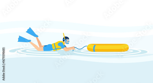Snorkeler Is Pulling A Yellow Buoy In The Water With His Arms During A Swimming Adventure