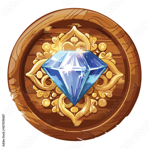 Intricately carved wooden and golden emblem with a beautiful diamond at its center, a detailed and majestic fantasy design