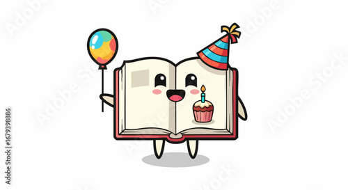 A charming book character celebrating a birthday with a cupcake and balloon.