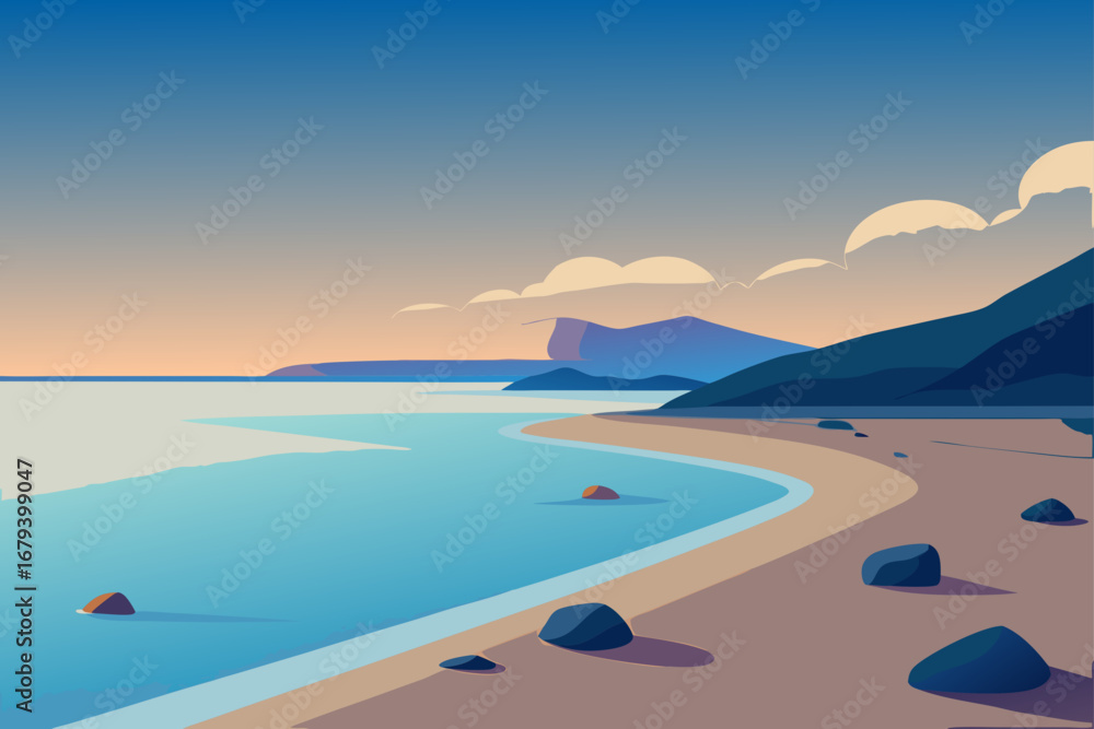 Fototapeta premium Serene coastal landscape with calm blue water sandy beach and distant mountains under a gradient sky
