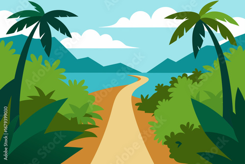 Tropical paradise with a winding path leading to the ocean and mountains in the distance