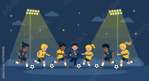 Soccer Game Under The Night Sky: A Group Of Kids Playing With Spotlight