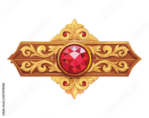 Luxurious golden ornamental piece with a brilliant red gemstone at its center, surrounded by intricate filigree and elegant carvings