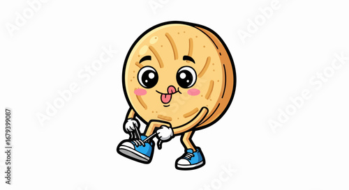 Cartoon Pancake Character Tying Shoelaces on White Background.