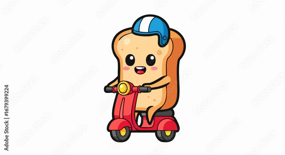 Fototapeta premium Animated bread slice character riding a red scooter for delivery.