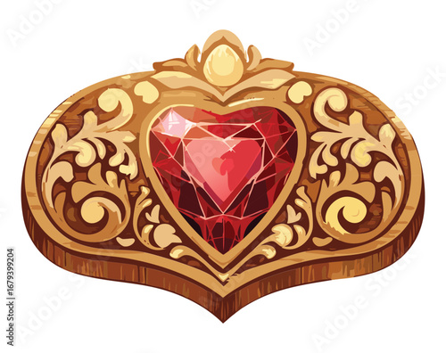 Majestic golden ornament with a large, stunning red heart gem, intricate filigree, and a royal, luxurious design aesthetic