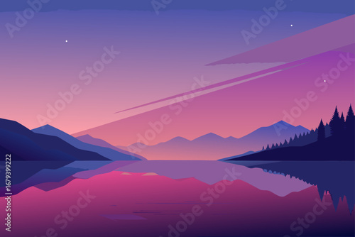 Serene mountain lake landscape at twilight with vibrant pink and purple sky and reflections