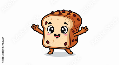 Cute Happy Cartoon Raisin Bread Slice Character Illustration.