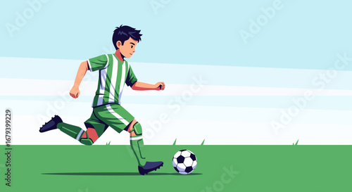 Soccer Player Kicking the Ball on Green Grass in a Sports Illustration Style