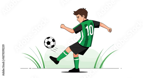 Soccer Player Kicking The Ball, Digital Artwork Depicting Active Sports Action Play In Green Uniform