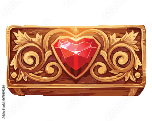 Ornate golden and wooden clasp with a beautiful heart-shaped red gem, surrounded by intricate filigree, a classic and luxurious design