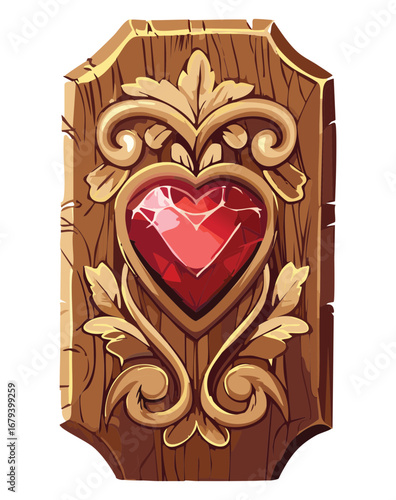 Regal wooden plaque featuring a magnificent carved red heart and intricate golden details, an elegant and timeless decorative element