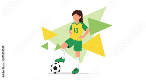 Soccer Player Posing Confidently Near A Soccer Ball With Geometric Elements Around Her