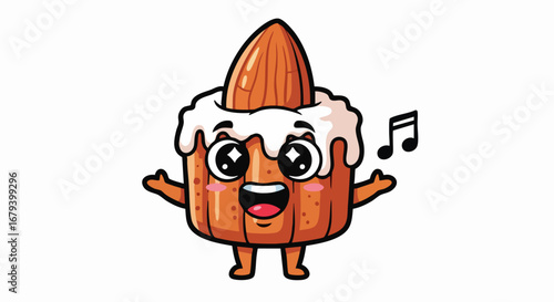 Animated cupcake character singing a happy song with almond on top.