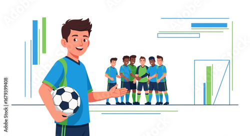 Soccer Team Coach With Ball Standing In Front Of His Players Promoting Teamwork And Unity