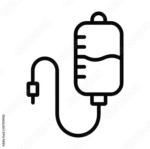 Illustration of an intravenous drip bag with fluid level markers and a connected tube in black outline