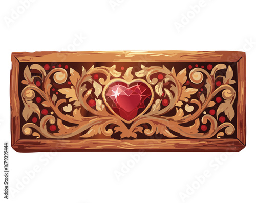 Regal decorative wooden band with an intricately carved red heart gem, adorned with elegant golden filigree and a beautiful carved pattern