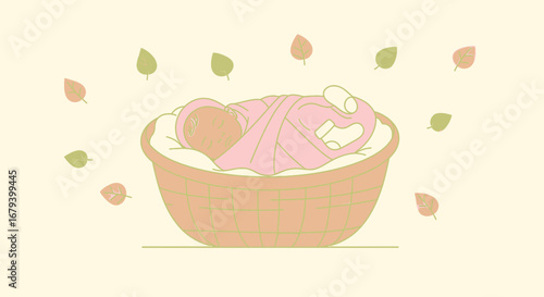 Sweet Newborn Infant Resting Comfortably in a Woven Basket Surrounded by Falling Leaves
