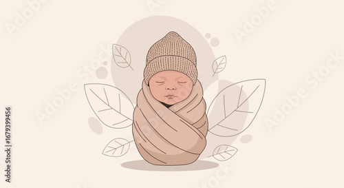 Softly Swaddled Baby: Peaceful Illustration, Gentle Tones, and Delicate Leaf Motifs