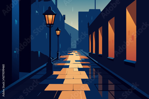 Rainy night street with glowing lampposts and illuminated windows reflecting on wet cobblestones