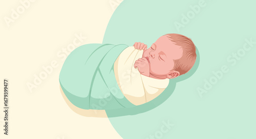 Sweet Newborn Infant Wrapped in a Green Swaddle, Peaceful Sleep Illustration