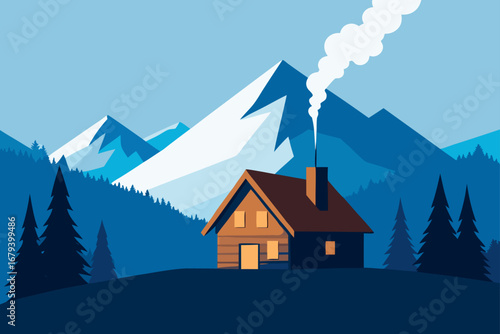 Cozy wooden cabin nestled in a snowy mountain landscape with smoke billowing from the chimney