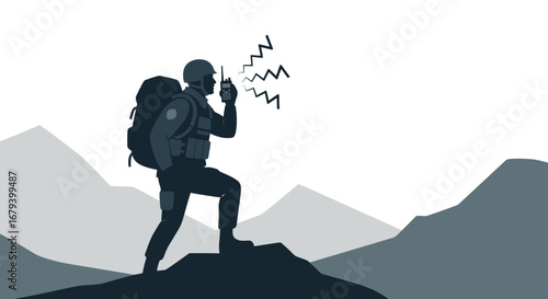 Soldier Communicating Over Radio While Hiking On Mountain With Vector Illustration