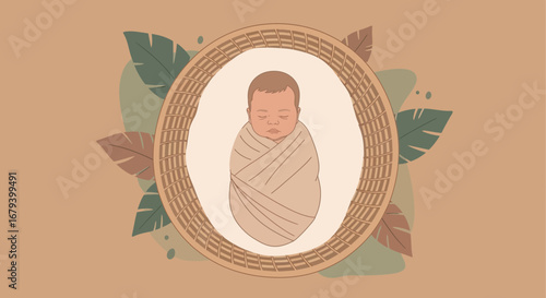 Sweet Newborn Resting Peacefully Swaddled In A Woven Basket Surrounded By Decorative Foliage