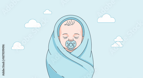 Softly Swaddled Infant Calmly Resting Beneath Gentle Floating Clouds