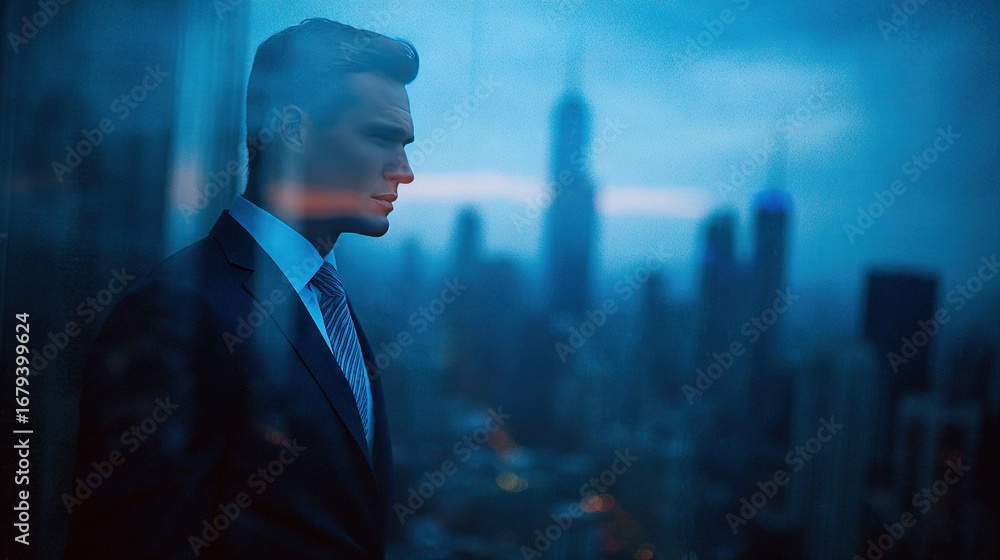 Fototapeta premium Confident businessman in suit looking out over modern city skyline at dusk, symbolizing ambition, leadership, vision and corporate resilience