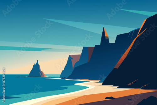 Stylized coastal landscape with jagged cliffs and calm ocean waters under a blue sky