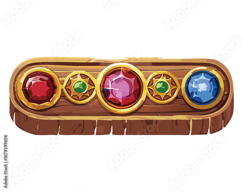  Elegant decorative wooden border with three prominent red and purple gems and intricate gold carvings, a beautiful and classic design